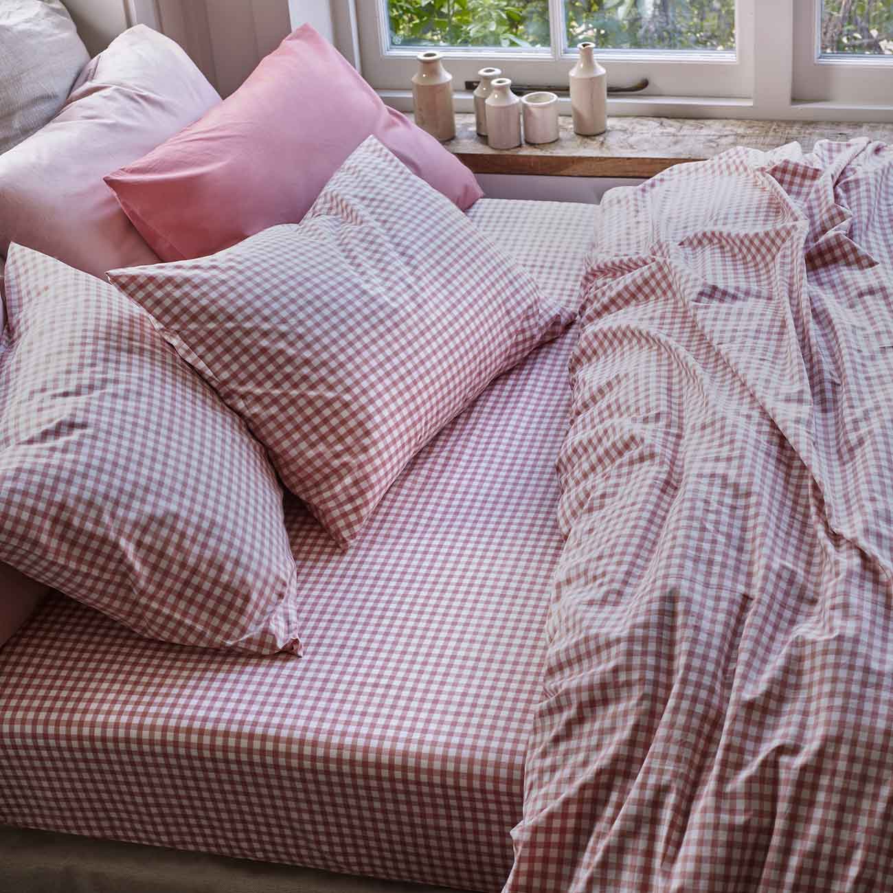 Red Dune Small Gingham Cotton, Red Dune Percale Cotton and French Rose Percale Cotton Bedding