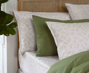 Spring Sprig Printed Cotton. Pear Percale Cotton  and Pear Gingham Printed Cotton Bedding