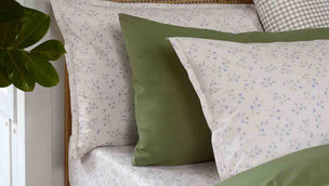 Spring Sprig Printed Cotton. Pear Percale Cotton  and Pear Gingham Printed Cotton Bedding