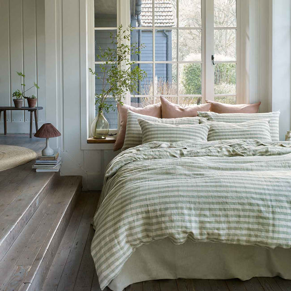 Pear Check Stripe Bedding and Sandstone Linen Square Pillowcases