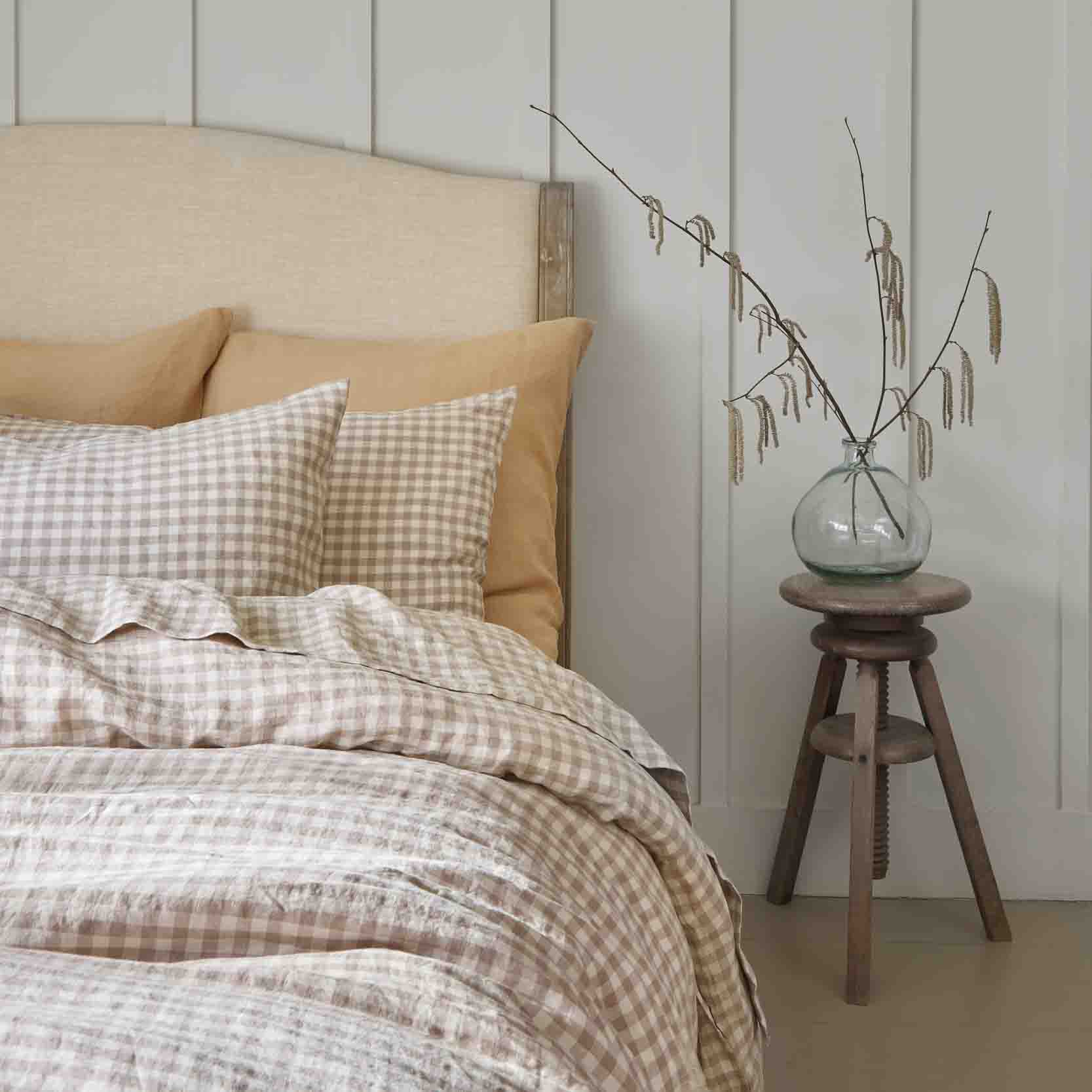Mushroom Gingham and Sandstone Linen Bedding
