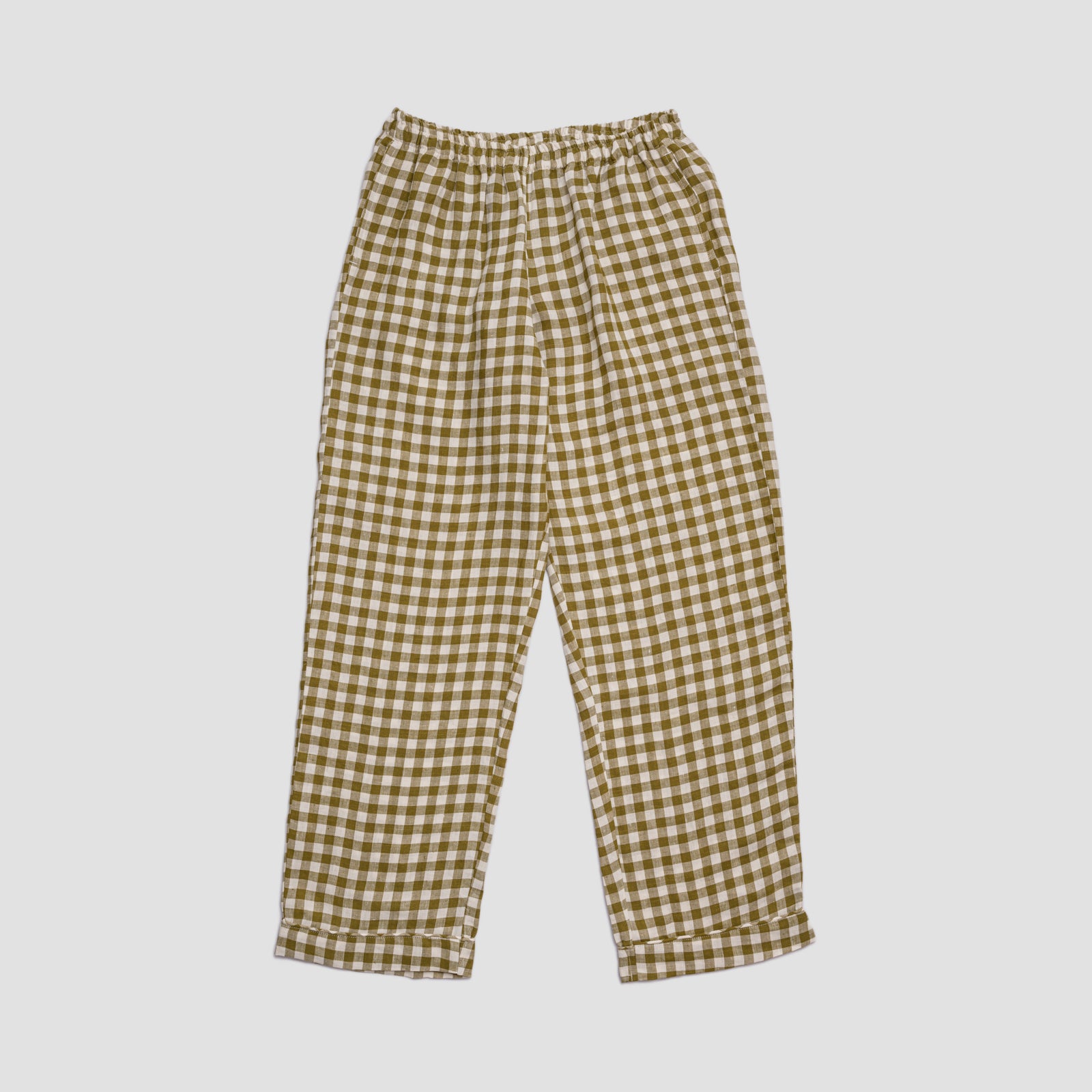 Men's Botanical Green Gingham Linen Pyjama Trousers - Piglet in Bed