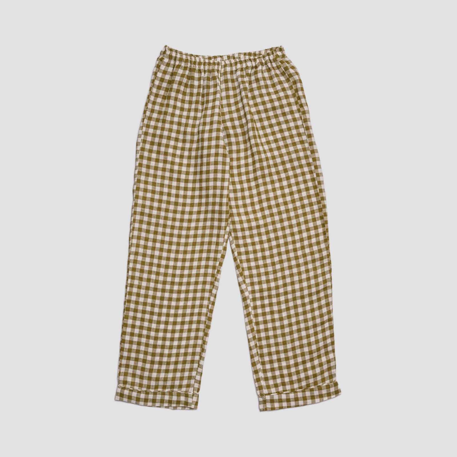 Men's Botanical Green Gingham Linen Pyjama Trouser Set - Piglet in Bed