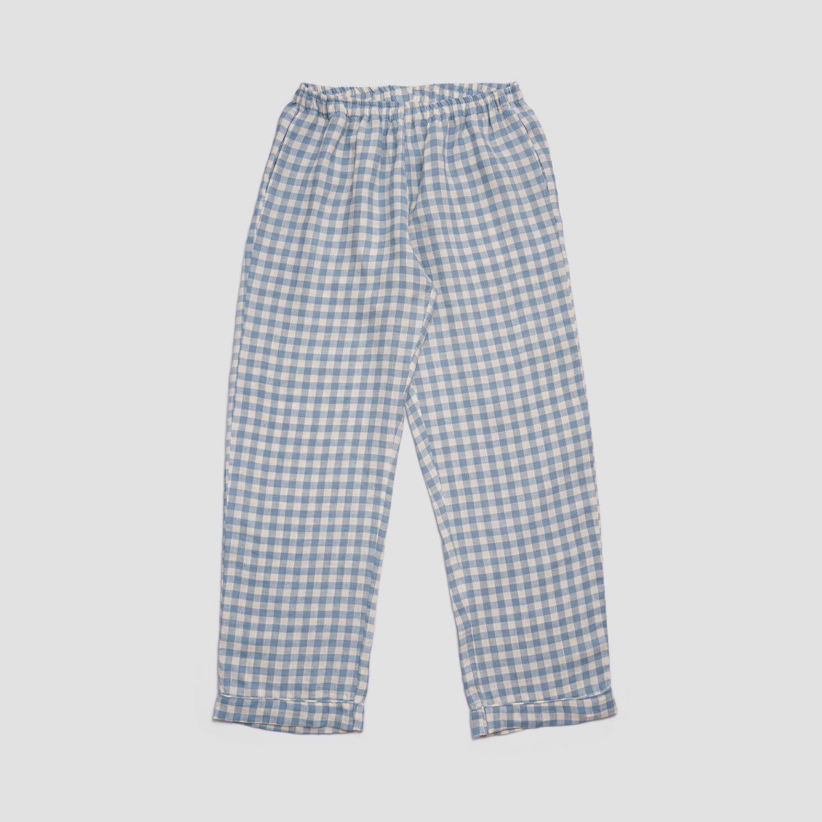 Men's Warm Blue Gingham Linen Pyjama Trousers - Piglet in Bed