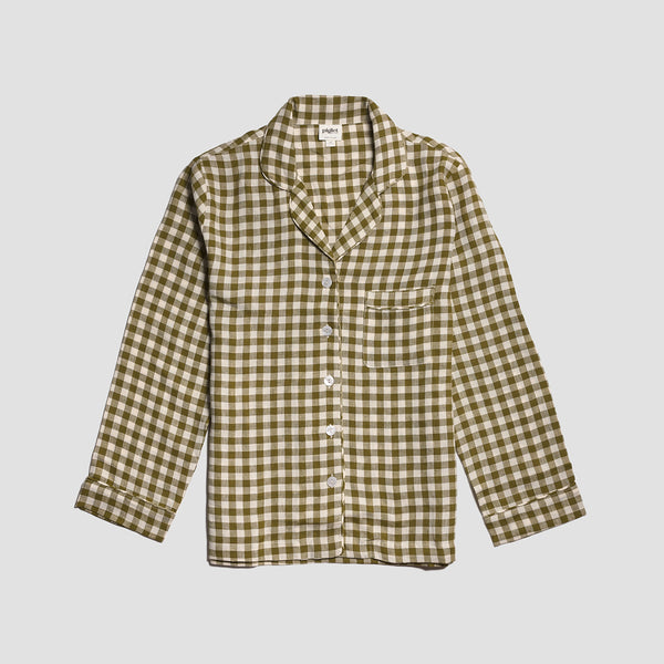 Botanical Green Gingham Linen Pyjama Shirt - Piglet in Bed