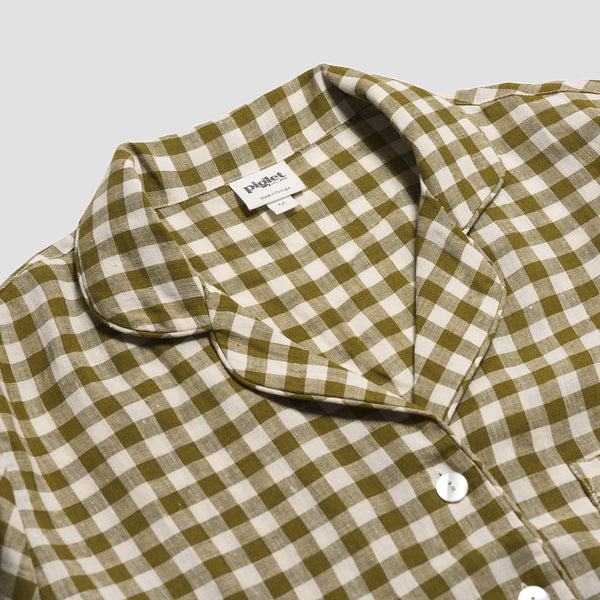 Botanical Green Gingham Linen Pyjama Shirt - Piglet in Bed