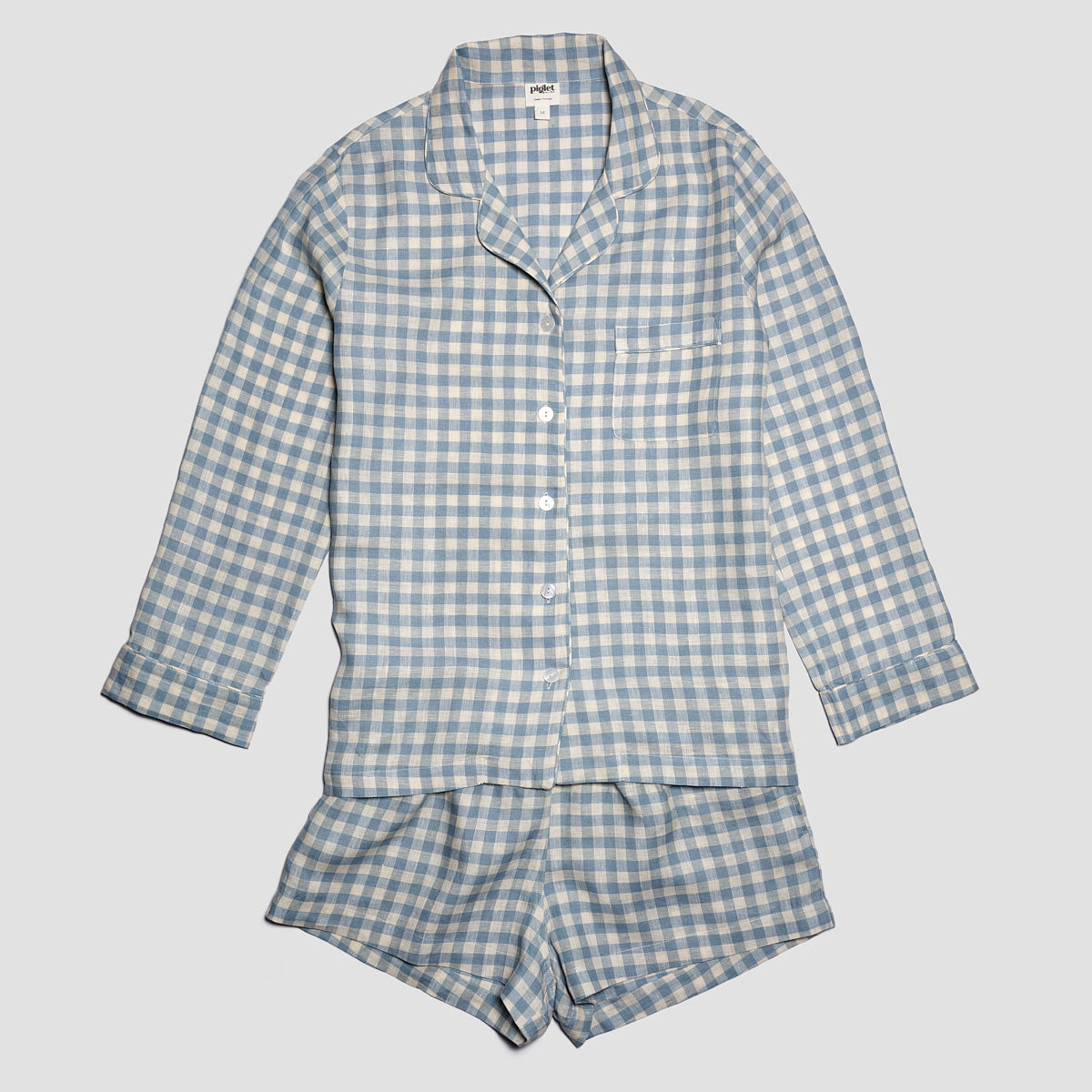 Warm Blue Gingham Linen Pyjama Shorts Set | Piglet in Bed UK