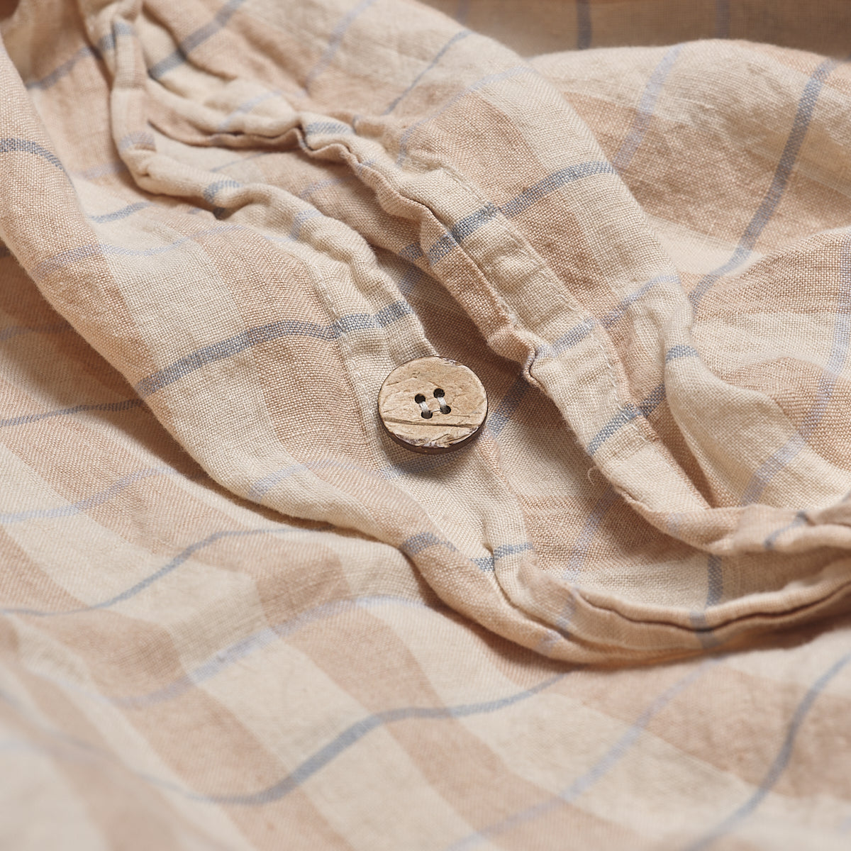 Cafe Au Lait Check Stripe Linen Duvet Cover Button Detail
