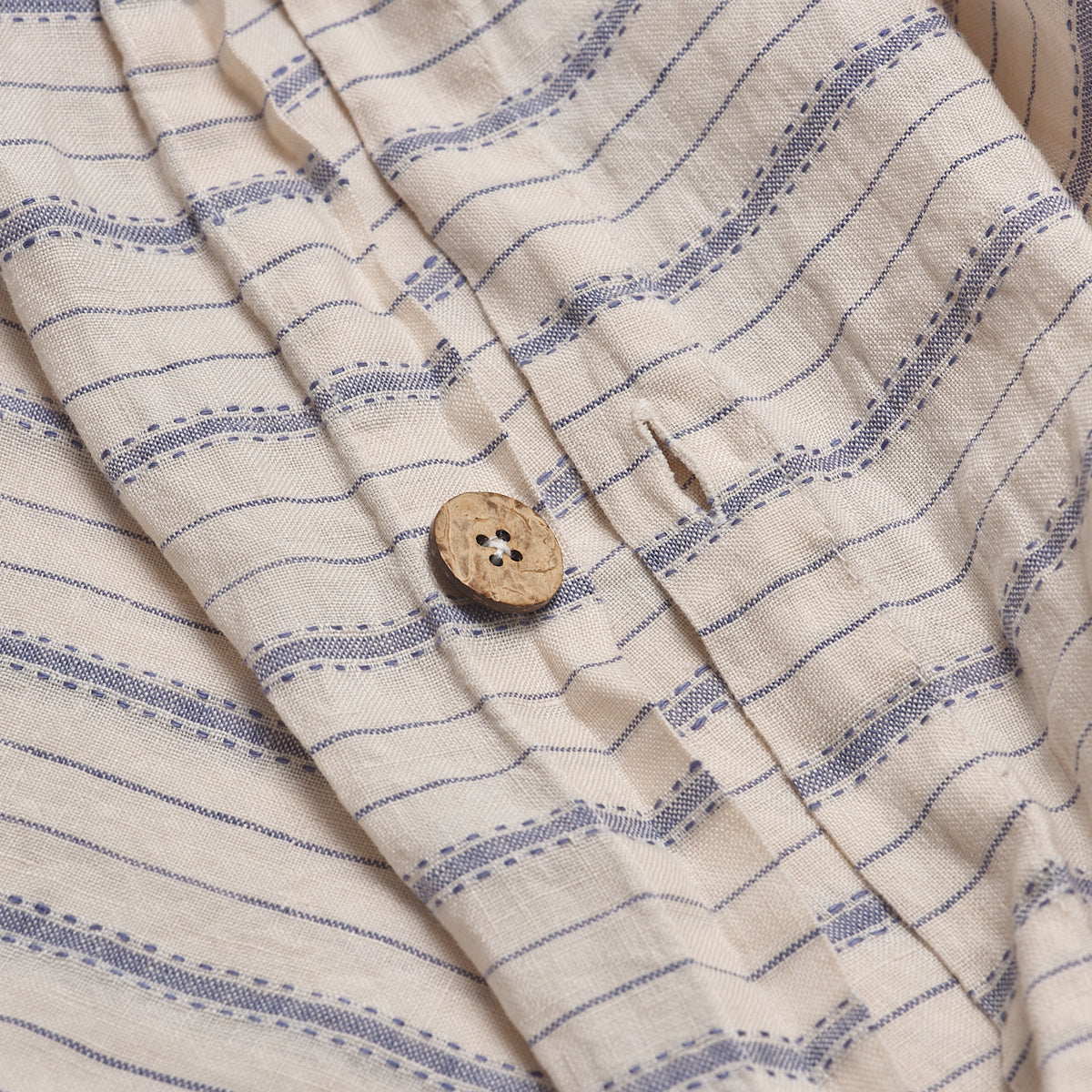 Dusk Blue Ticking Stripe Linen Duvet Cover Button Detail