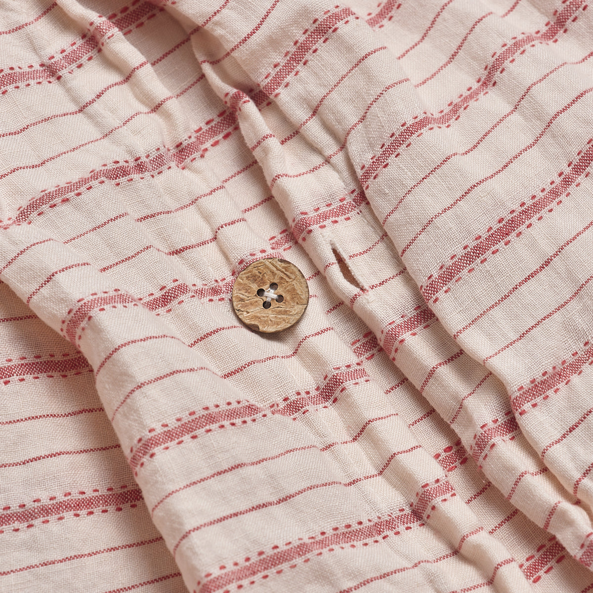 Mineral Red Ticking Stripe Duvet Cover Button Detail