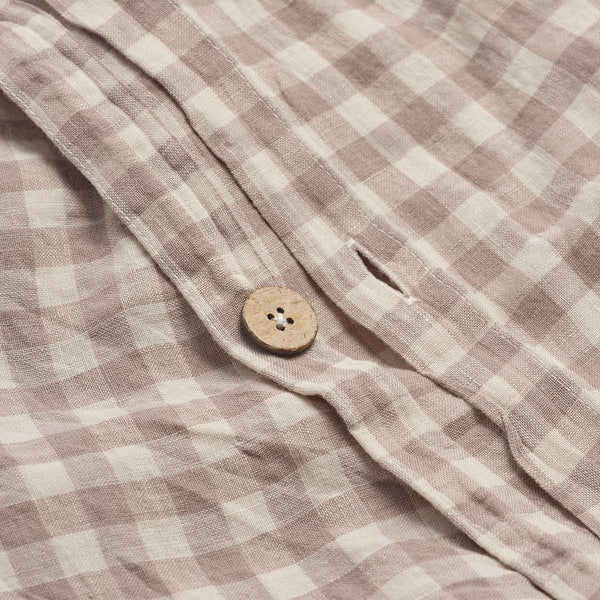 Mushroom Gingham Linen Duvet Cover Button Detail
