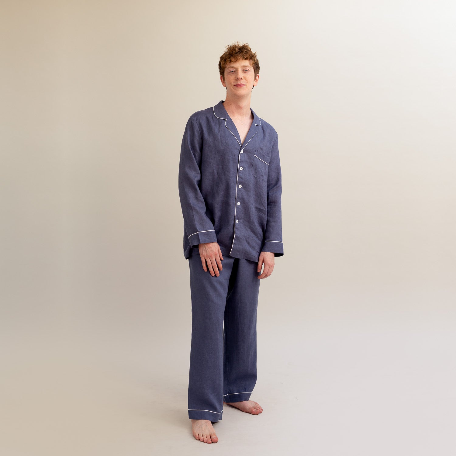 Men's Blueberry Linen Pyjama Shirt - Piglet in Bed