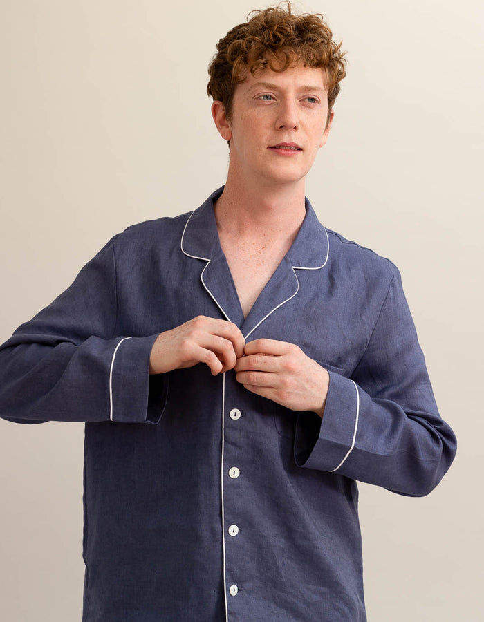 Men's Blueberry Linen Pyjama Shirt - Piglet in Bed