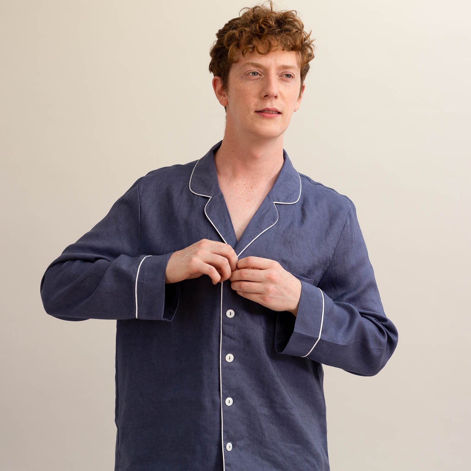 Men's Blueberry Linen Pyjama Shirt - Piglet in Bed