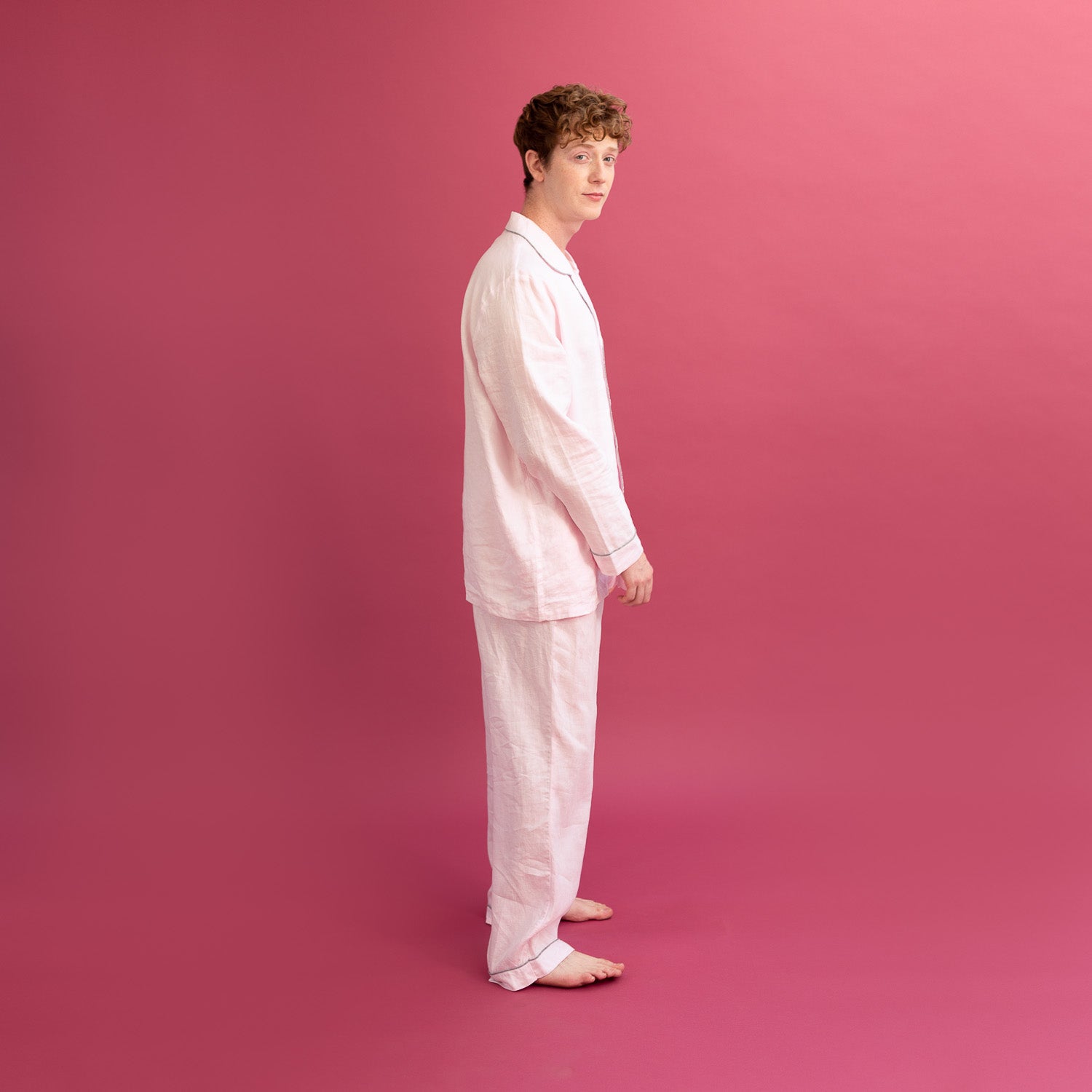 Men's Blush Pink Linen Pyjama Trouser Set - Piglet in Bed