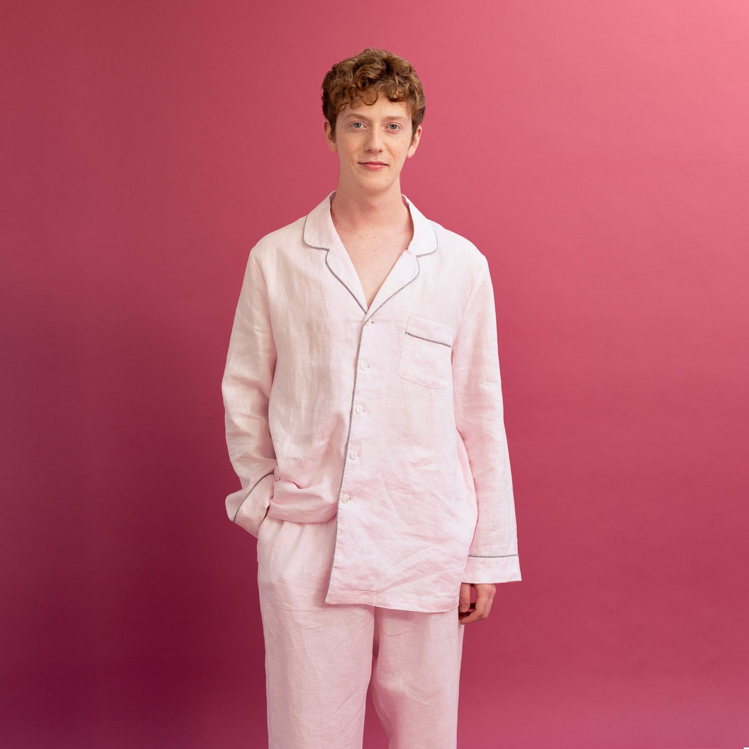 Men's Blush Pink Linen Pyjama Shirt  - Piglet in Bed