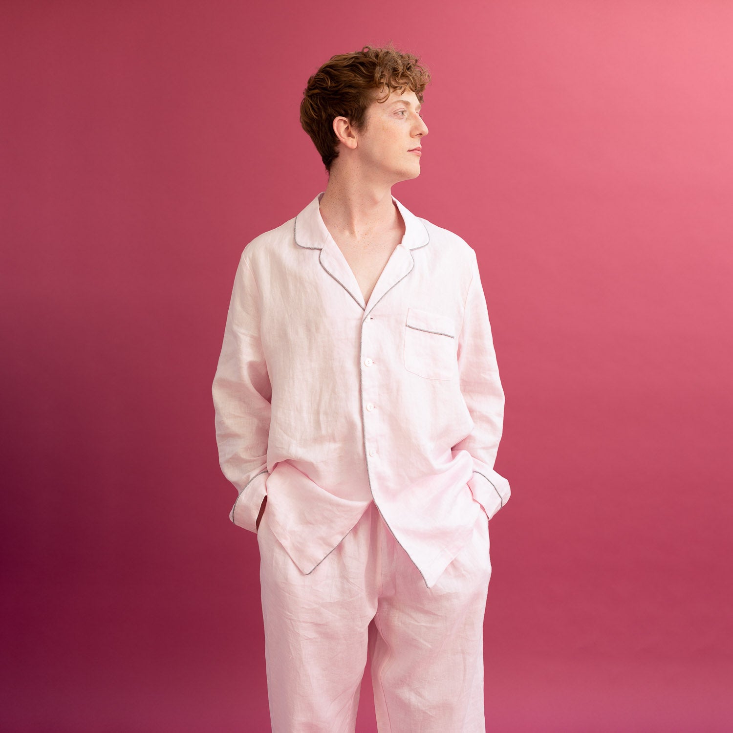 Men's Blush Pink Linen Pyjama Trouser Set - Piglet in Bed