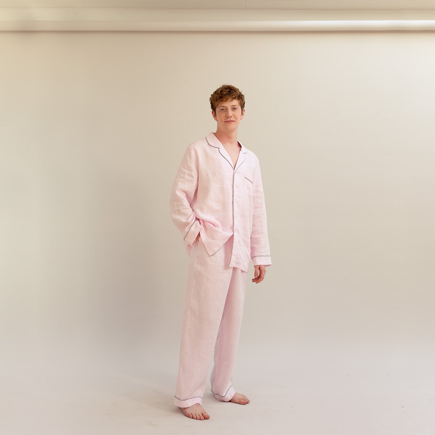 Men's Blush Pink Linen Pyjama Trousers - Piglet in Bed