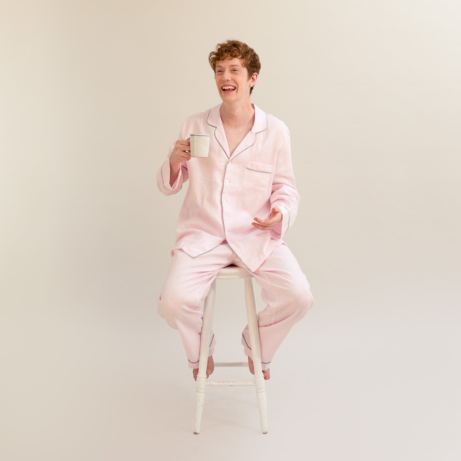 Men's Blush Pink Linen Pyjama Trouser Set - Piglet in Bed