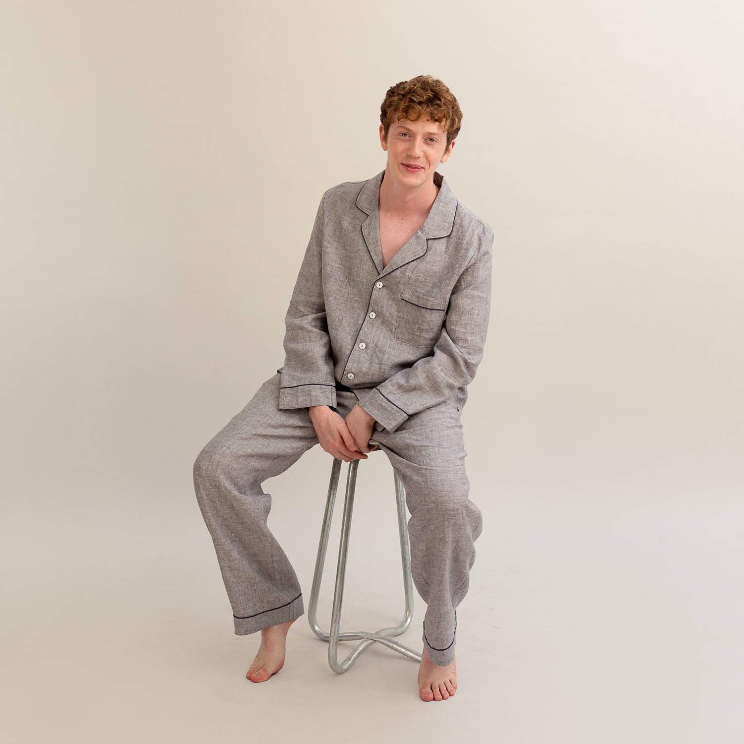 Men's Grey Linen Pyjama Trouser Set - Piglet in Bed