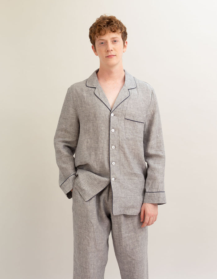 Men's Grey Linen Pyjama Shirt - Piglet in Bed