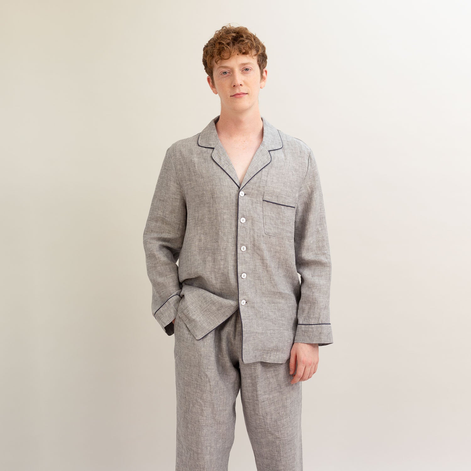 Men's Grey Linen Pyjama Shirt - Piglet in Bed