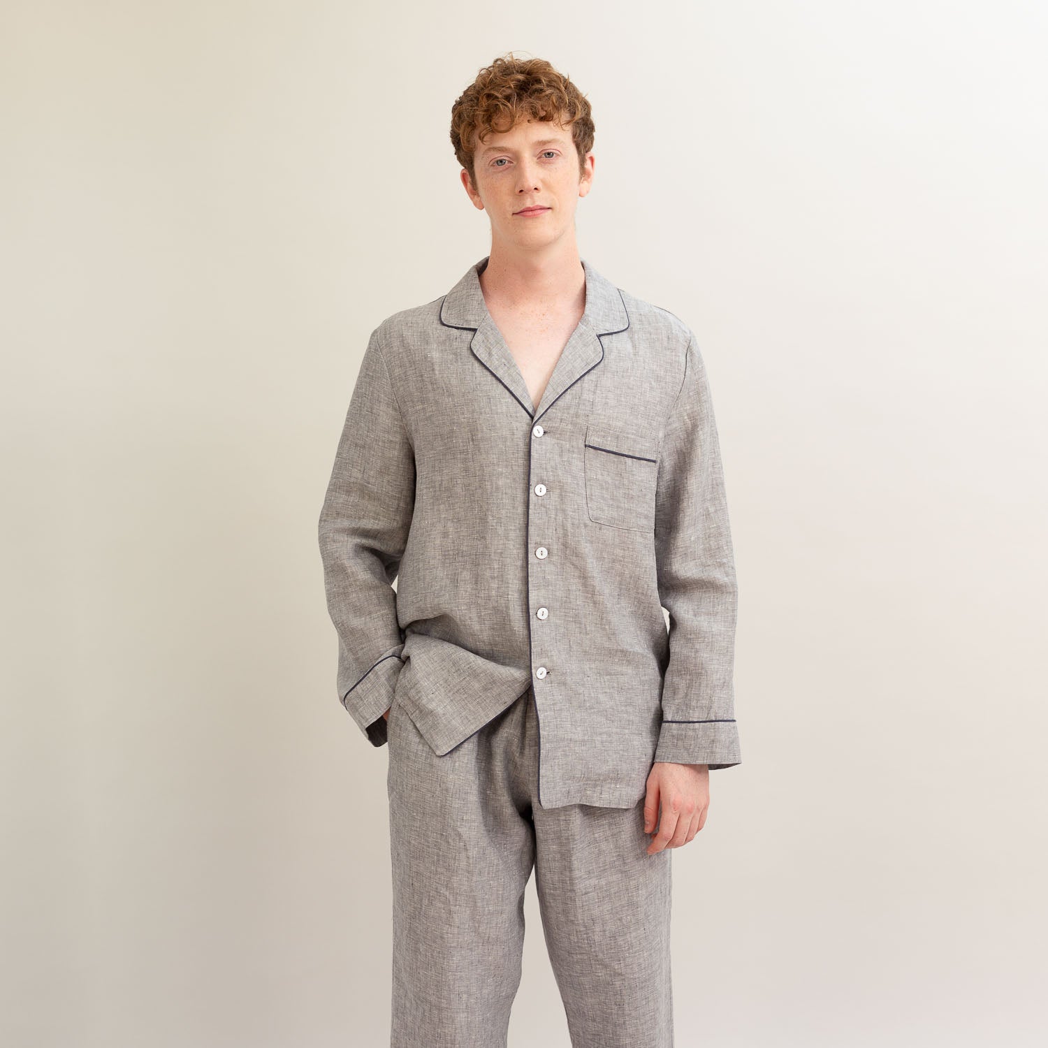 Men's Grey Linen Pyjama Trouser Set - Piglet in Bed
