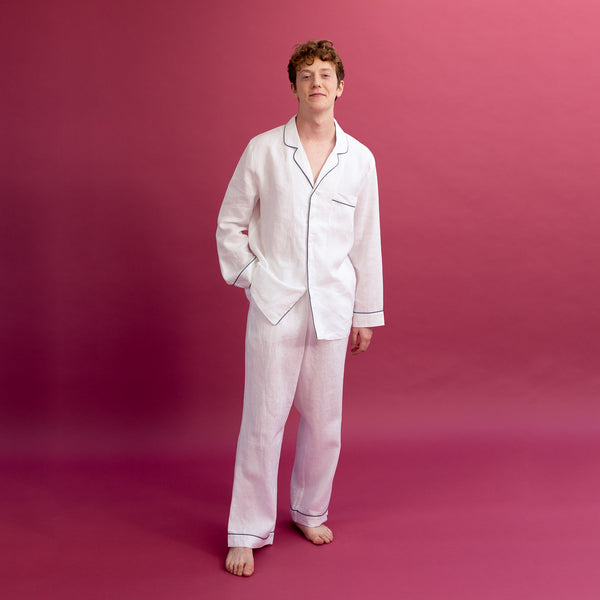 Men's White Linen Pyjama Trouser Set - Piglet in Bed