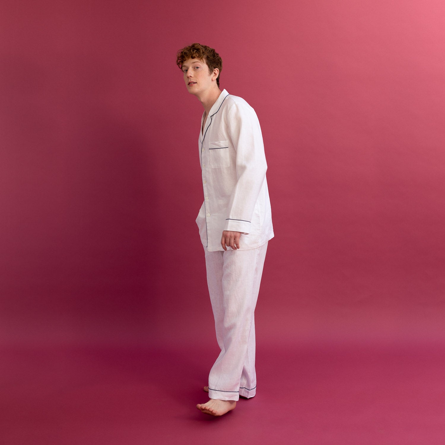 Men's White Linen Pyjama Trousers - Piglet in Bed
