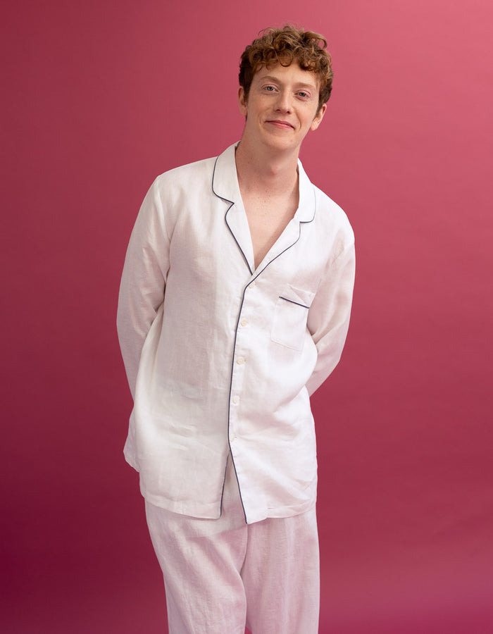 Men's White Linen Pyjama Shirt - Piglet in Bed
