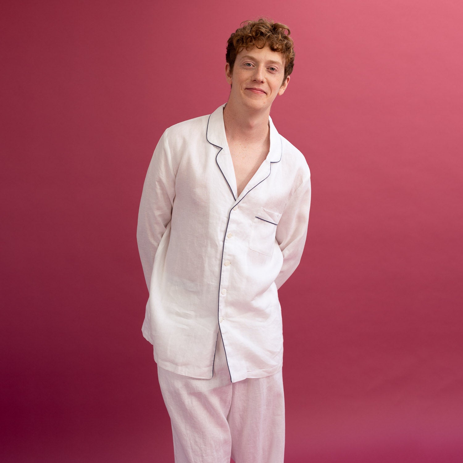 Men's White Linen Pyjama Shirt - Piglet in Bed