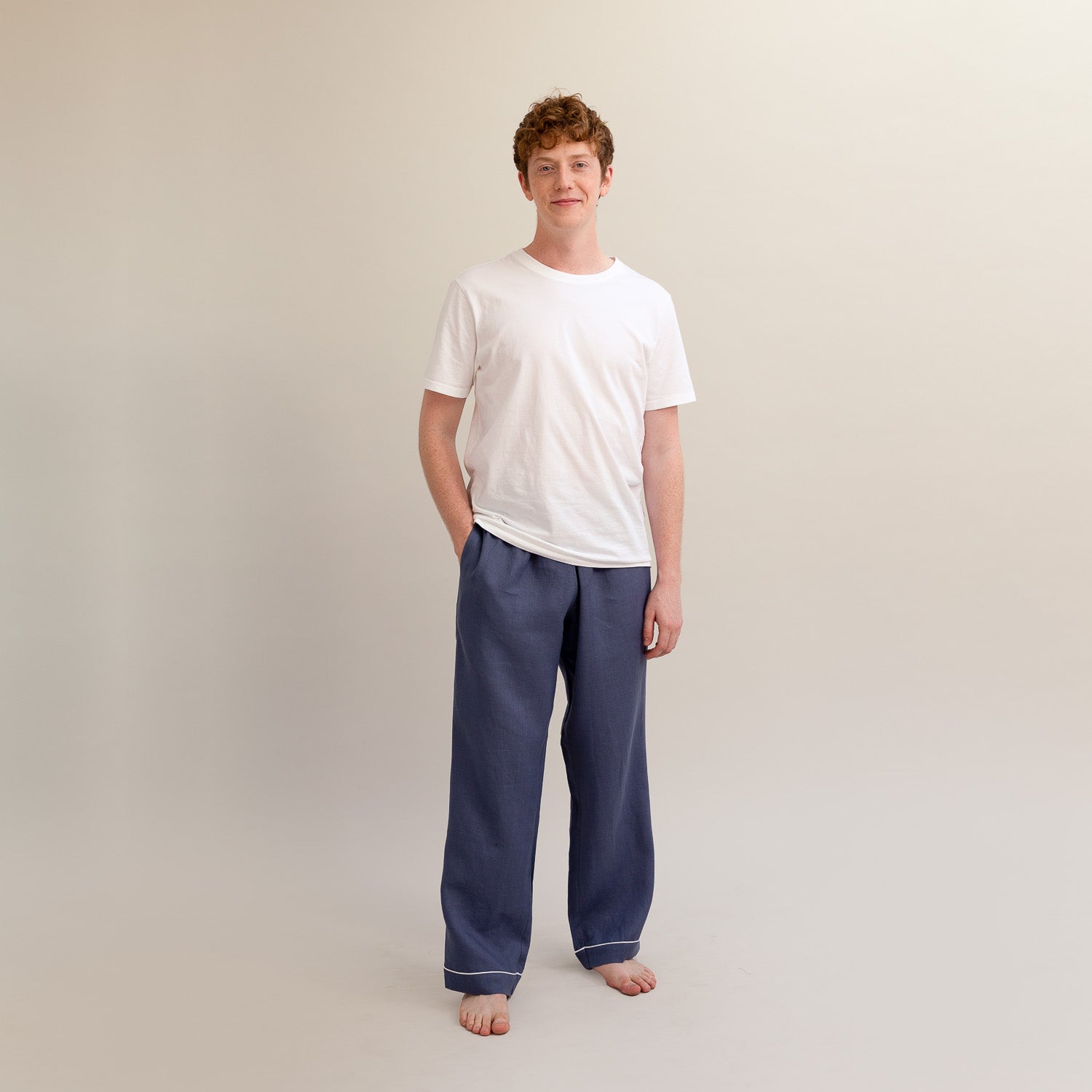 Men's Blueberry Linen Pyjama Trousers - Piglet in Bed