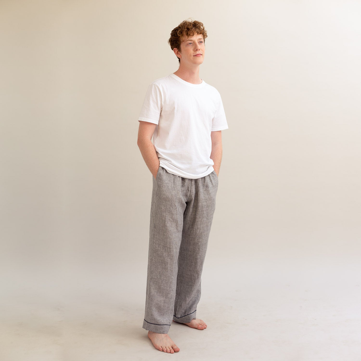 Men's Grey Linen Pyjama Trousers - Piglet in Bed