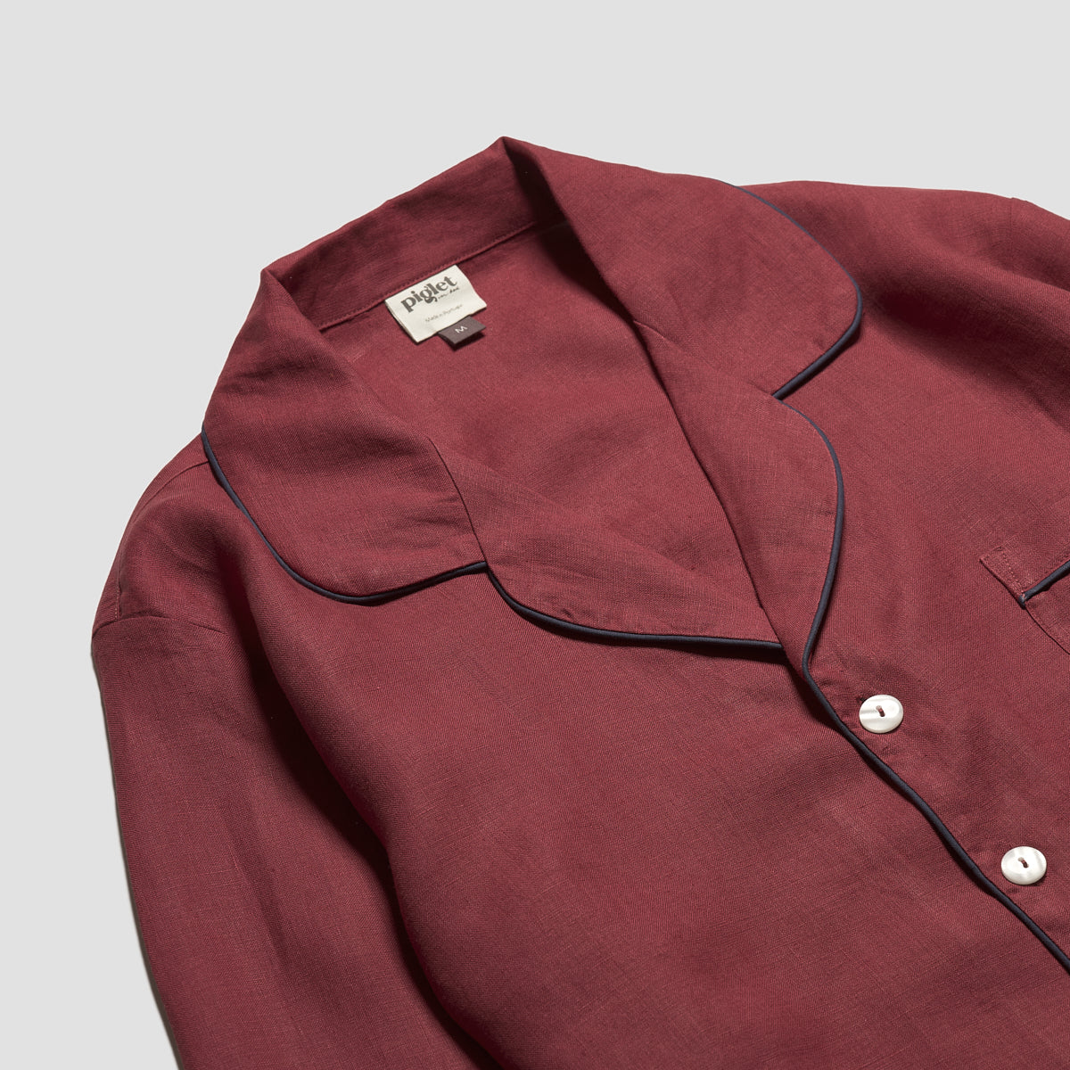 Men's Cherry Plain Linen Pyjama Shirt Collar Detail