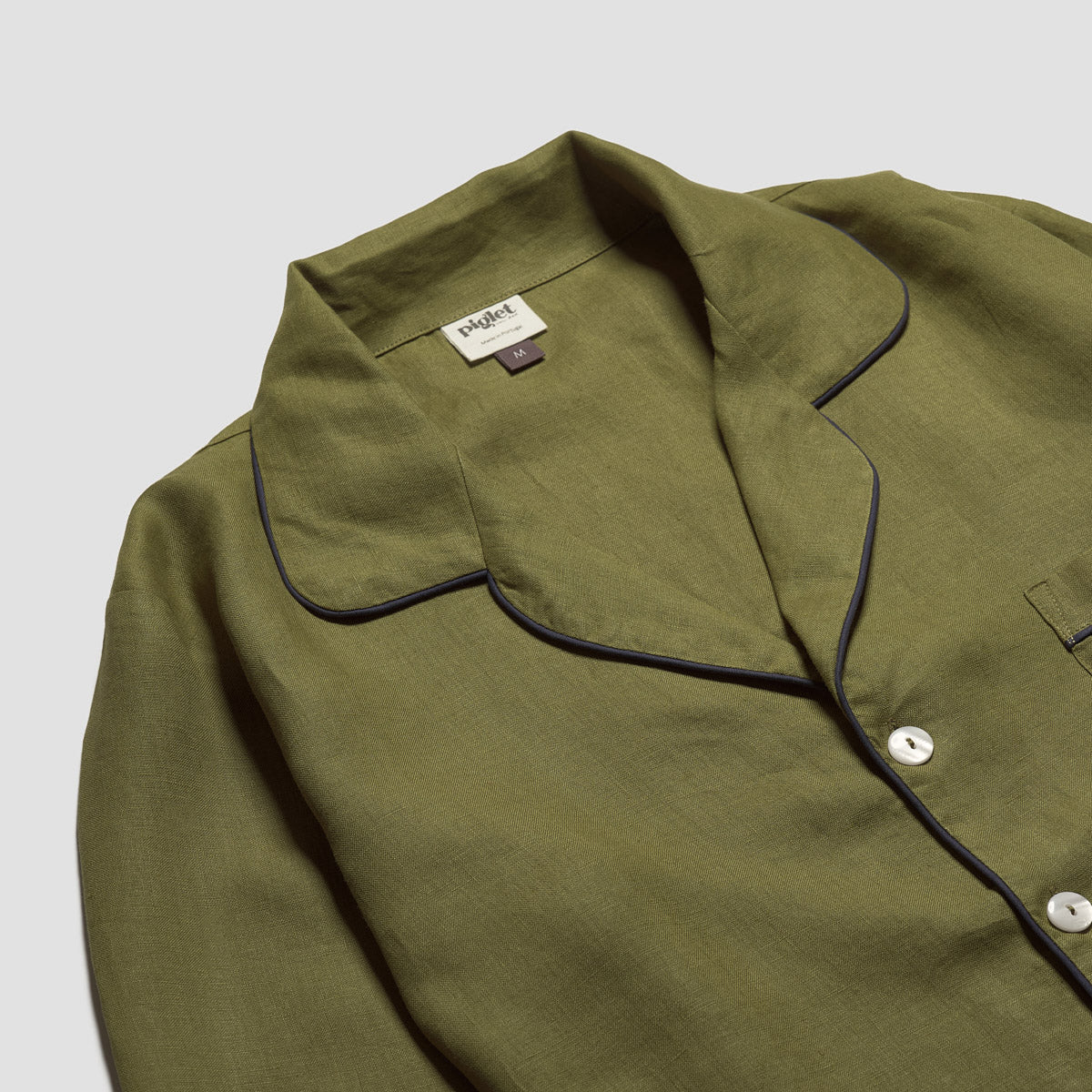 Men's Moss Plain Linen Pyjama Shirt Collar Detail